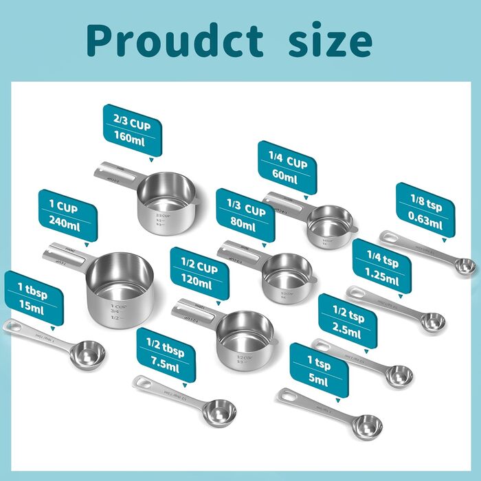 Measuring cup and spoon set, stainless steel measuring cups, measuring spoons with easy-to-read markings, ideal kitchen aids for cooking and baking, 13 pieces