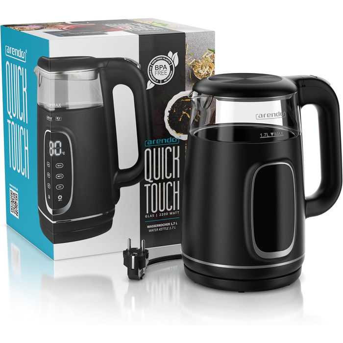 Електричний чайник Arendo зі скляною колбою, регулюванням температури, нержавіючою сталлю, подвійними стінками (Cool Touch), дисплеєм, бездротовим підключенням, 2200 Вт, 1,7 л, захистом від перегріву, функцією підтримання тепла, чорний