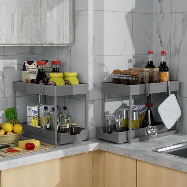 DEKAVA Kitchen Organizer, 2 Under Sink Shelf, Closet Kitchen Organizer with 4 Hooks, Closet Basket for Kitchen, Bathroom, Cleaning Supplies, Laundry Detergent (Grey)