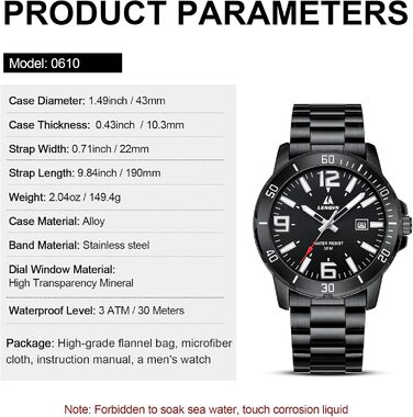 Годинник чоловічий LN LENQIN з нержавіючої сталі, водонепроникний, з датою, кварцовий, аналоговий, чорний, бізнес-стиль