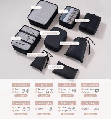 Органайзер для валізи Meowoo, набір 8 шт., кубики для пакування, чорний. Організація багажу для подорожей та бізнесу.