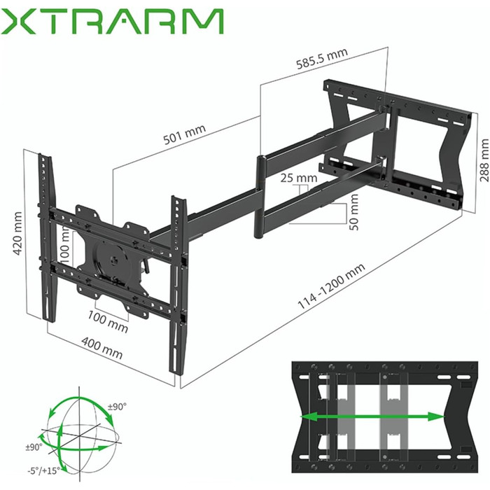 Настінний кріплення для телевізора XTRARM TiTon, 120 см, поворотне, 40 кг, VESA max 400x400 мм, чорний