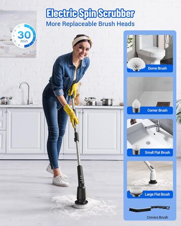 Electric Cleaning Brush, 12-in-1 Electric Spin Scrubber Cordless with 8 Replaceable Brush Heads, Electric Scrub Brush with Adjustable Handle for Bathroom, Kitchen, Tiles, Floors, Car (White) (8 in 1, Black)
