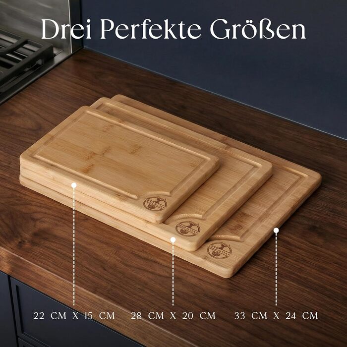 Набір бамбукових кухонних дощок для нарізки Deer & Oak, 3 шт., з жолобком для соку та ручкою, проолієні
