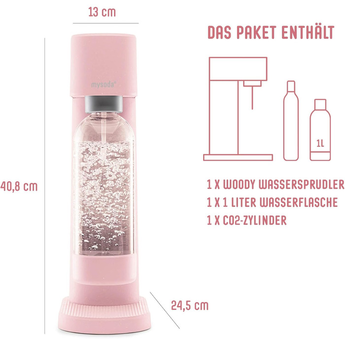 Газова машина Mysoda Pack Woody - рожева, з PET-пляшкою та CO2-циліндром