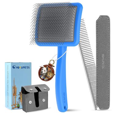 Набір щіток та гребінців для собак та котів з довгим хутром – Slicker Brush & Comb Set – 25 мм нержавіючі шпильки проти підшерстка та ковтунів – дерев'яний руків'я та шкіряний чохол – ідеально для Голден Ретріверів та Мейн Кунів (Блакитний)