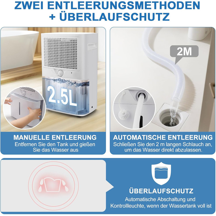 Електричний осушувач повітря 9л/24г, тихий, з дитячим замком та захистом від переливу, автоматичний перезапуск, для спальні, ванної, підвалу та пральні