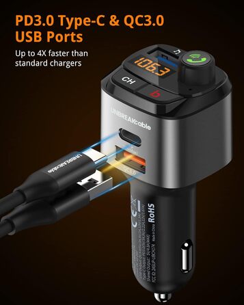 Bluetooth FM-трансмітер UNBREAKcable для авто, адаптер з зарядкою PD3.0 і QC3.0, підсилювач басів, гучний зв'язок, підтримка Siri та Google Assistant