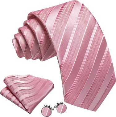 Краватка з хустинкою та запонками Barry.Wang для ділового стилю, набір у смужку та клітинку, для свят та весілля (рожеві смуги)