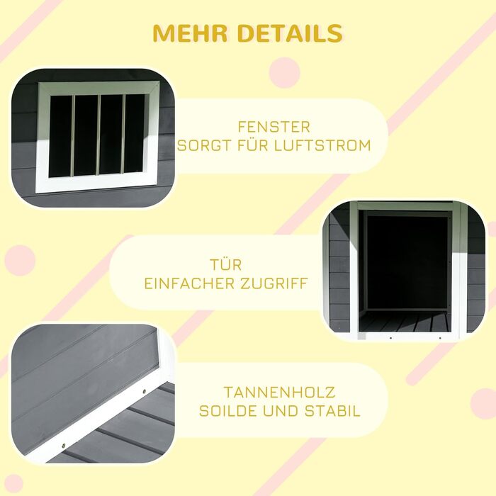 Будка для собак PawHut з масивного дерева, утеплена, з терасою та асфальтовим дахом, для вулиці, сіра, 127 x 112 x 109 см