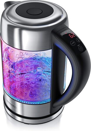 Arendo - Glass Kettle with Temperature Setting – 1.7l - Adjustable Temperatures 40° - 100 °C – Digital Temperature Display - Keep Warm Function – Energy-Saving – BPA-Free - RGB Lighting