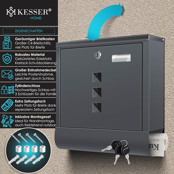 Поштова скринька KESSER® з газетницею та іменним табличкою, нержавіюча сталь, антрацит. Замок на 3 ключі, з віконцем, порошкове покриття, настінний монтаж