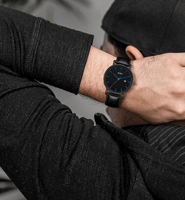 Годинник чоловічий BUREI, аналоговий кварцовий годинник з сітчатим ремінцем, мінімалістичний дизайн, чорний/синій, ідеальний подарунок для чоловіків