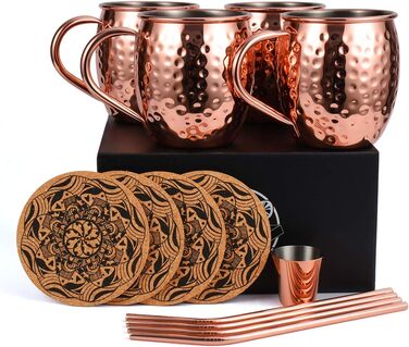 Moscow Mule Copper Mug Set, Handmade, Food-Safe, Copper Mug for Moscow Mule Cocktail, 473 ml, Gift Set with 1 Shot Glass, 4 Straws, and 4 Coasters, 4 Pieces