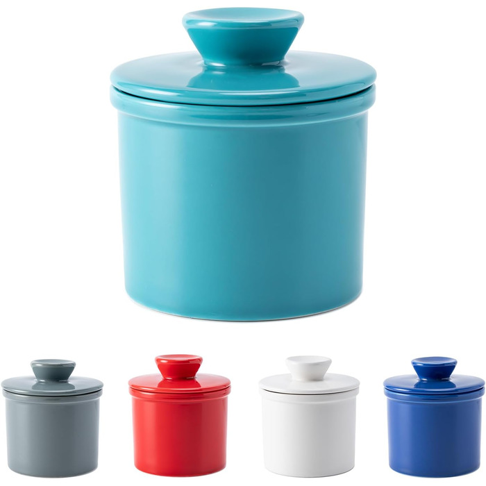 Butter dish with waterline for counter, French butter crock with lid, ceramic butter container for fresh spreadable butter, turquoise