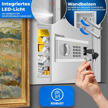 Електронний сейф KESSER® 35x25x25 см, з батарейним відсіком, подвійним замком, для підлоги/стіни, сталевий, з кодовим замком (Срібний, M)
