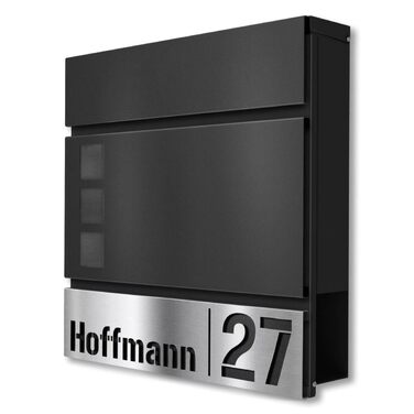 Поштова скринька Metzler Svena з нержавіючої сталі, чорна (RAL 9007) з табличкою для імені та номера будинку, відділення для газет, розмір 37x37x10.5 см