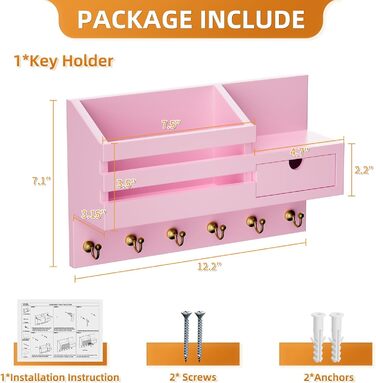 Настінна органайзер для ключів з 6 гачками та шухлядою, дерев'яна полиця для ключів, ключниця на стіну, для дому, офісу, прихожої (білий) (Рожевий - 02)