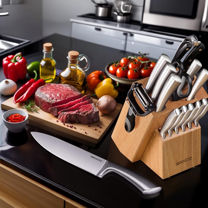 Набір кухонних ножів RAXCO, 18 предметів: кухонні ножі, стекові ножі, шліфувальник, з бруском