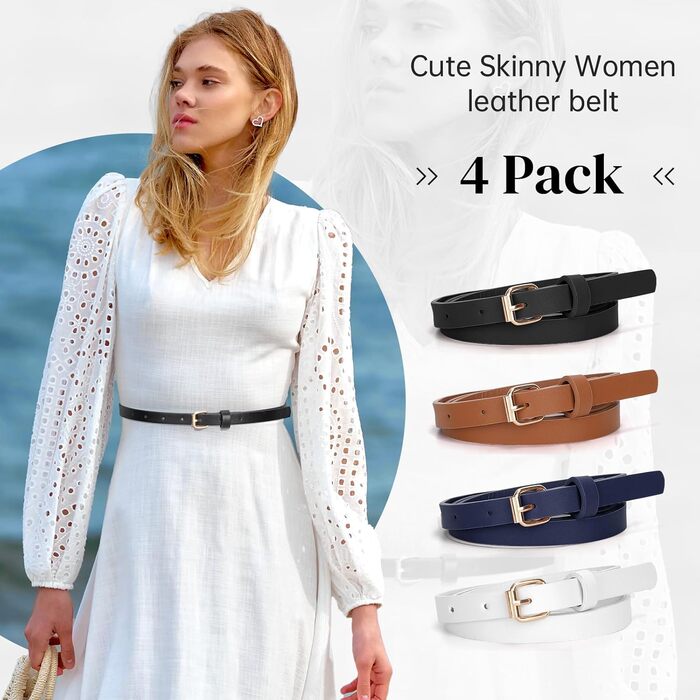 LEACOOLKEY 4 жіночі шкіряні тонкі ремені для суконь та джинсів. Тонкий пояс для талії, з золотою пряжкою (100см, 120см). Розміри: 66-79см, 93-104см. Кольори: чорний, коричневий, темно-синій, білий.