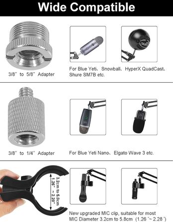 Тримач для мікрофона на подовжувачі, регульований кріплення для Blue Yeti, Yeti Nano, Elgato Wave, HyperX QuadCast, Fifine AM8 та інших мікрофонів, з різьбою 3/8' - 5/8' 1/4', поп-фільтр, кріплення для мікрофона