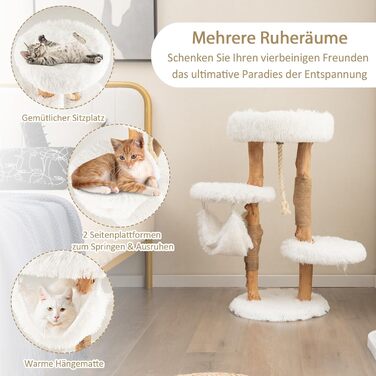 Дерев'яна кігтеточка SOARS для котів з 3-ма природними стовбурами, ліжко та плюшеві поверхні, з іграшковим м'ячиком та джутовим мотузком, багатоярусна, 59 x 49 x 110 см, білий колір