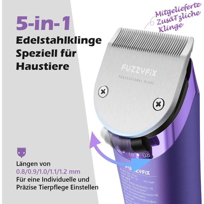 Професійна машинка для стрижки собак з запасним лезом, 5-в-1, фіолетовий колір