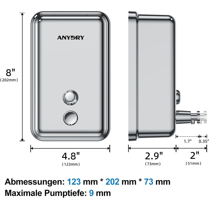 Диспенсер для рідкого мила anydry AD1003, настінний, 1100 мл, ручний, нержавіюча сталь, полірований