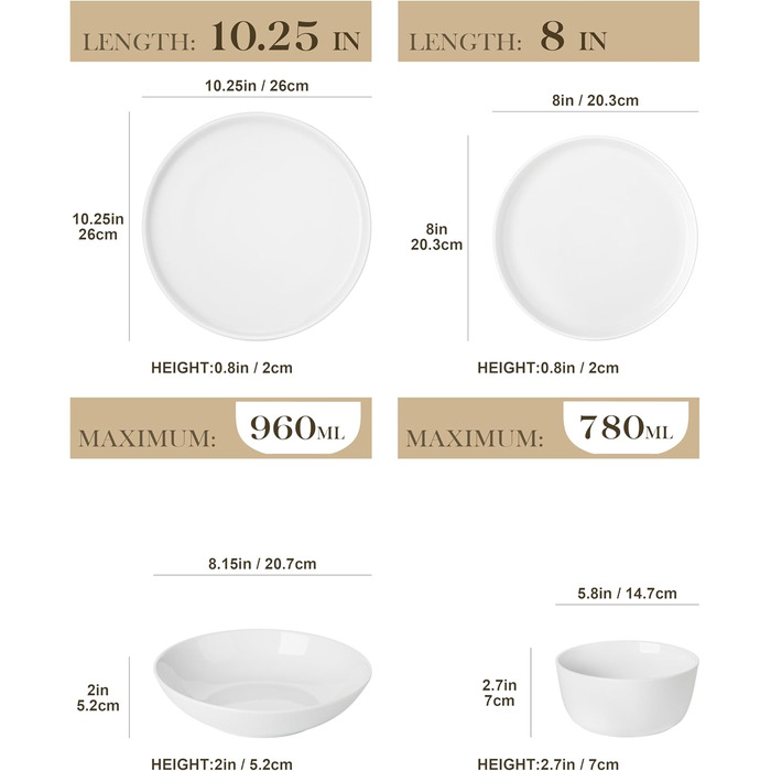 MALACASA Набір посуду Tafelservice 6 Personen, 18-Piece Porcelain Dinnerware Set White, Серія LEXI (білий, 48 предметів)