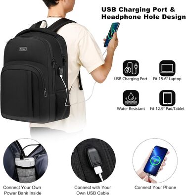 Рюкзак YIORMIOR для підлітків, чоловіків та жінок, 35L, USB-порт, для ноутбука 15.6-17.3 дюйма (Чорний)