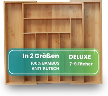 ZEN HOME Deluxe бамбуковий органайзер для столових приборів у шухляду, розсувний 33–50 x 43 x 5 см, антиковзкий, з 7–9 відділеннями