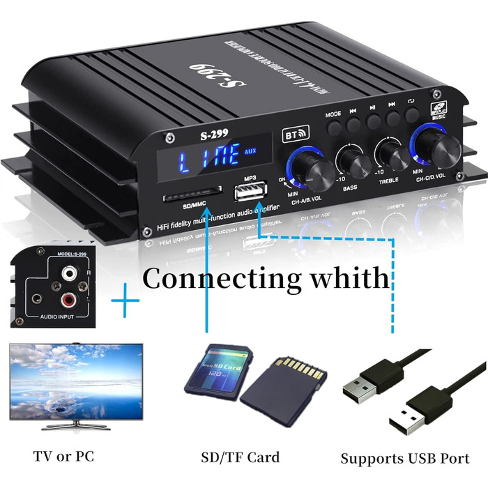 4.1-канальний підсилювач 1600W, Bluetooth 5.0, HiFi міні підсилювач для домашніх колонок 40Вт x4 + активний сабвуфер, USB/TF, MP3, пульт, 110-240V/12V, S299