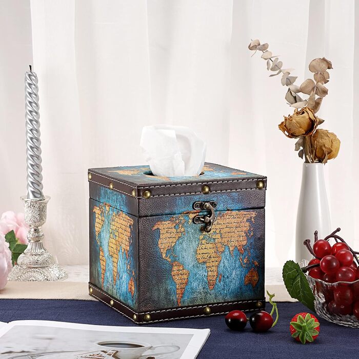 BTSKY Square Wooden + PU Tissue Box Holder, Retro Style, for Home, Office, Cube, Cover, Napkin Holder, Elegant and Stylish Home Decoration (Blue Card)