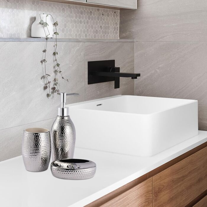 Silver Bathroom Accessories Set – 3-Piece Decorative Ceramic Bathroom Accessories Set with Lotion Soap Dispenser, Toothbrush Holder/Cup, and Soap Dish, Silver Gift Set for New Home Decor