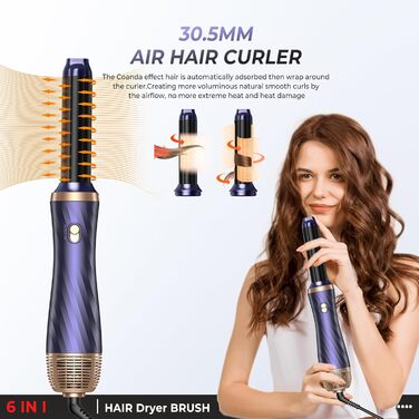 Фен та стайлер для волосся 6 в 1, Набір Airstyler з автоматичною завивкою, кругла щітка-фен, термощітка, фен, гаряча повітряна щітка, подарунковий набір мультистайлер для жінок, чорний (Z-blue)