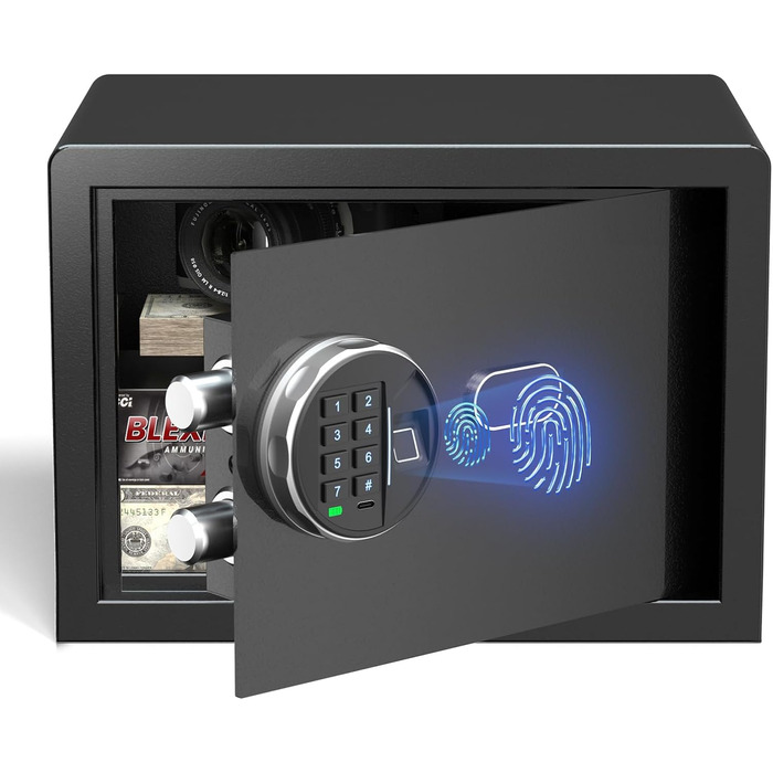 Сейф Grimtron з біометричним сканером відбитків пальців, 22л, LED-підсвічування, тихий режим, антивандальний, з нержавіючої сталі, чорний