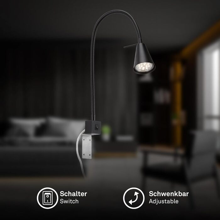 Світлодіодна настінна лампа Briloner з регульованим кріпленням, GU10 4.7W, 400lm, тепле біле світло, чорна. Лампа для читання, нічник, бра.