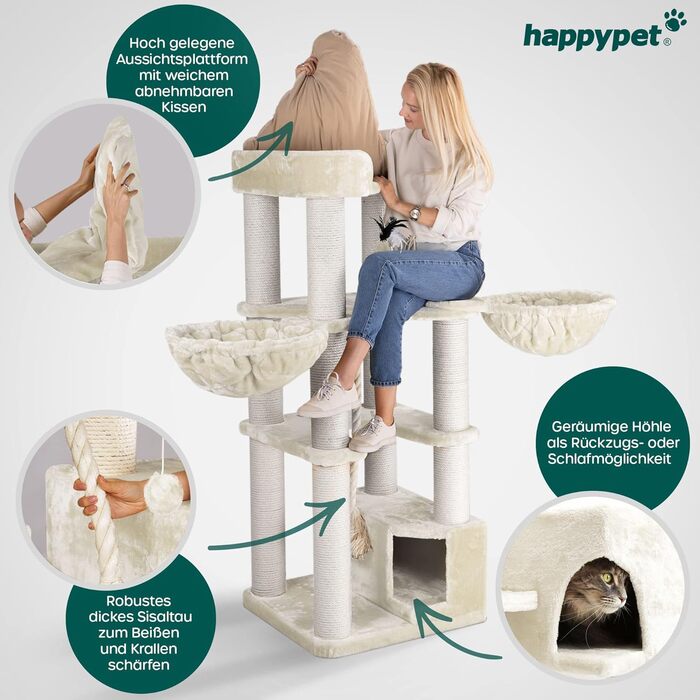 Котячий будиночок HappyPet 'Оскар' для великих котів - преміум якість, 161 см, 47 кг, товсті стовпчики 12 см, плюш 600 г, сертифіковане дерево, кремовий колір