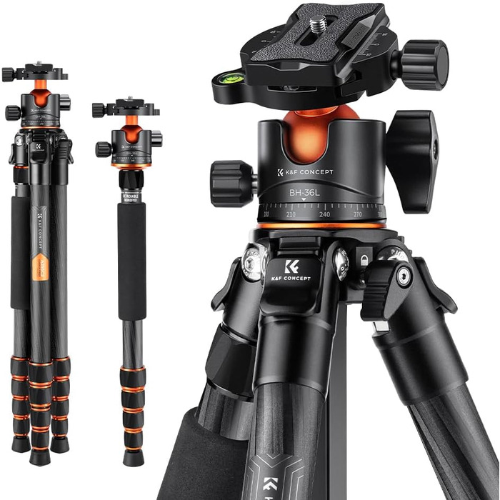 Штатив для камери K&F Concept 156 см, карбоновий, знімний монопод, кульова головка 360°, вантажопідйомність 15 кг, A255C2+BH-36L