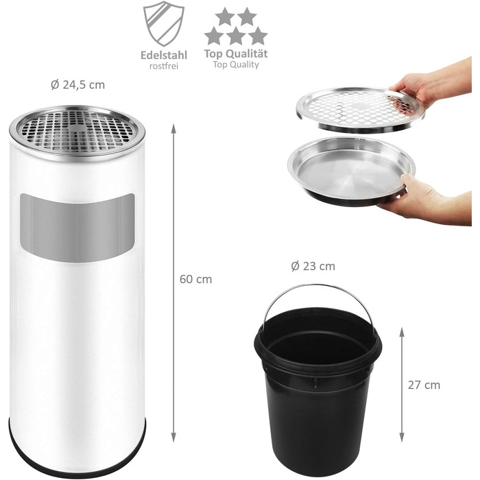 WELLGRO Асбечка-контейнер для сміття 2в1 з нержавіючої сталі для вулиці. Стійка, пожежобезпечна, велика, біла. Підходить для тераси, входу, комерційних приміщень.