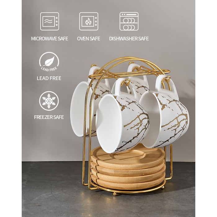 Набір керамічних чашок капучино HOME DECOR 4 шт., 220 мл, з металевим підставкою. Підходить для капучино, лате, американо та чаю. Чорний та білий дизайн.