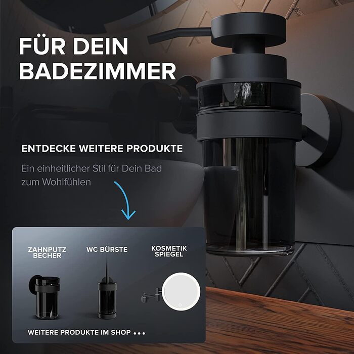 ovimar Soap Dispenser Lokta | black | with drillable wall mount | made of stainless steel and black glass | extra large opening for easy refilling | for bathroom or kitchen | hand sanitizer dispenser