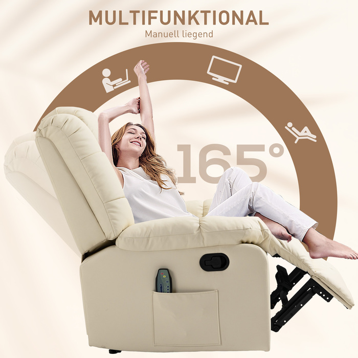 HOMCOM Recliner with Lie-flat Function (Manual), Weight Capacity 160 kg, Electric Recliner with Lie-flat Function, Heating Function, Cream White | Aosom.d
