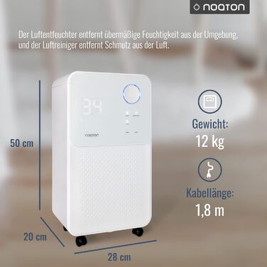 Зволожувач повітря та очищувач повітря Noaton DF 4114, 13.5 л/день, для приміщень до 25 м²/63 м3, 180 Вт, шланг для зливу, сушка білизни, таймер, проти вологи та плісняви, білий DF 4114 / 25 м2