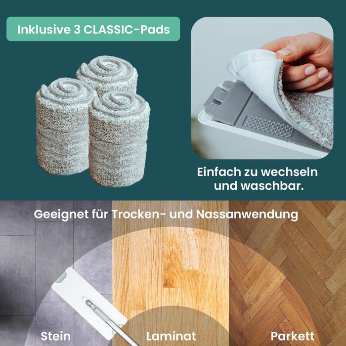 Набір для прибирання підлоги WONDERHOME TripleClean Hydro: відро з 3 камерами, розділення чистої і брудної води, моп із віджимом, класична модель з подовженою 140 см ручкою