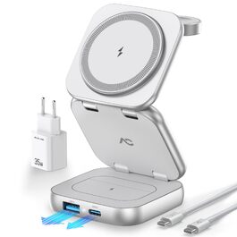 Бездротова зарядна станція 5-в-1 AC Island для iPhone 17/16/15/14/13/12, Apple Watch Ultra/11 та AirPods Pro, MagSafe, складана, срібляста (з адаптером 35W)