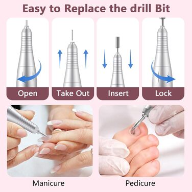 Професійний портативний фрезер для нігтів 45000 об/хв з LCD-дисплеєм - для акрилу та гелю, 11 насадок, рожевий/білий