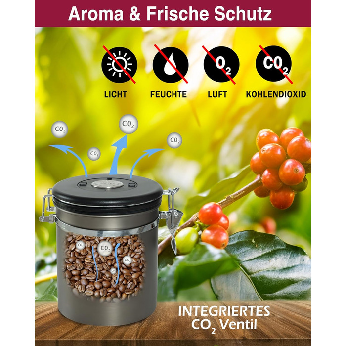 Контейнер для кави 500г з нержавіючої сталі з дозатором та календарем, 1,5L, Gun Metal
