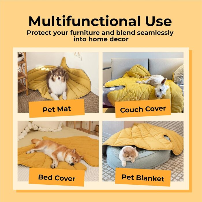 М'який килимок для собак та котів FUNNY FUZZY, двосторонній, з дизайном листя, машинне прання, жовтий (Гінко)