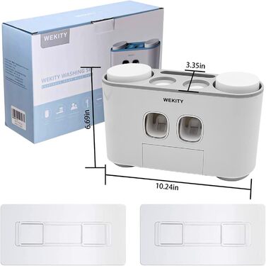 Тримач для зубних щіток WEKITY з дозатором пасти, настінний, сірий, для дітей та дорослих. Набір: 2 дозатори, 5 слотів для щіток, 4 чашки